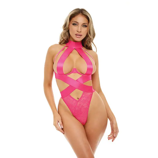 Lucky Open Cup Wide Elastic & Lace Teddy Pink Yarrow S/M - Lingerie - Packaged