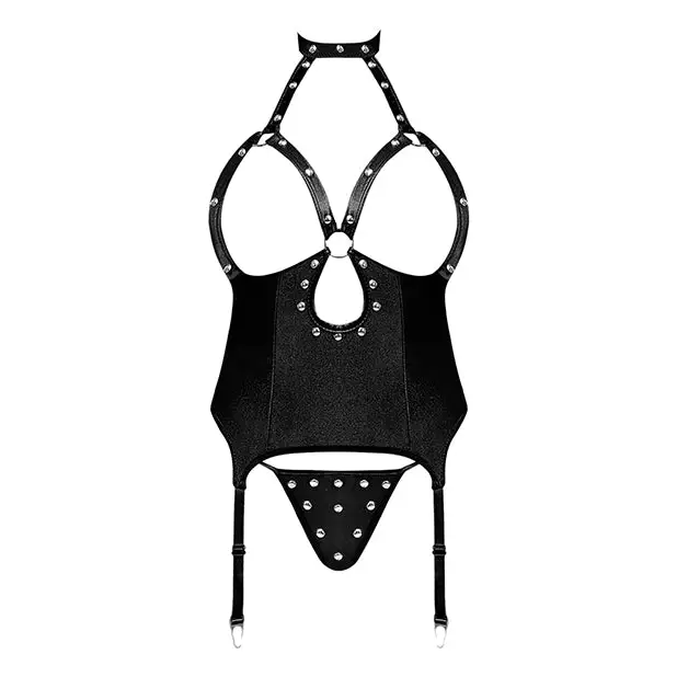 Lust Mistress Cupless Corset w/Velcro Choker Collar Metal Garters & G-String Black S/M - Lingerie - Packaged