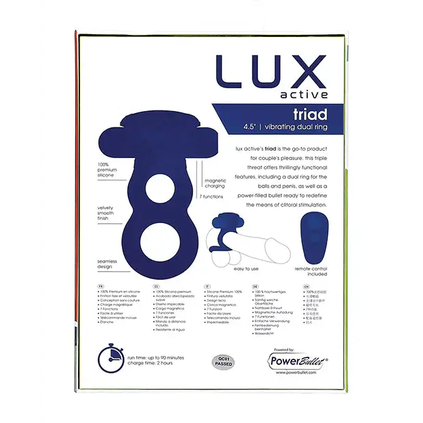 Lux Active Triad 4.5’’ Vibrating Dual Ring w/Remote - Dark Blue - Penis Enhancement