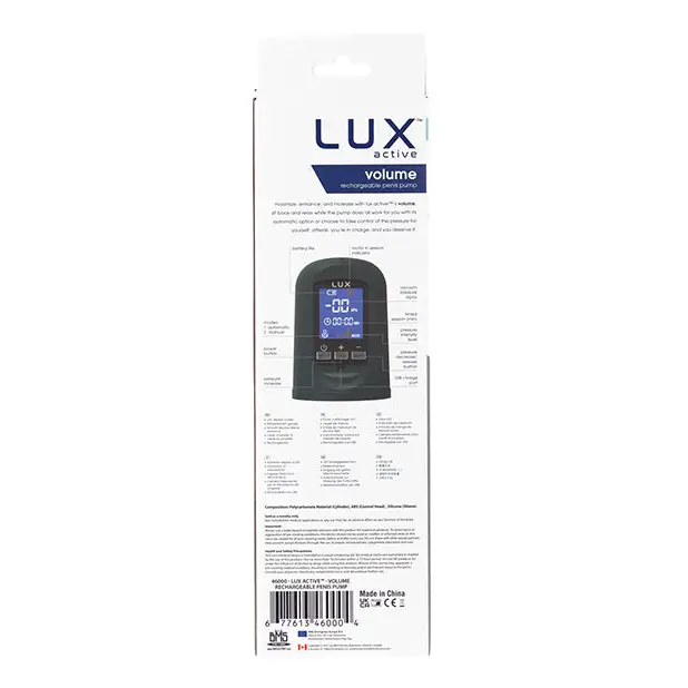 Lux Active Volume Rechargeable Penis Pump - Black - Penis Enhancement