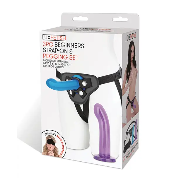 Lux Fetish 3 pc Beginners Strap On & Pegging Set - Multi Color - Strap Ons