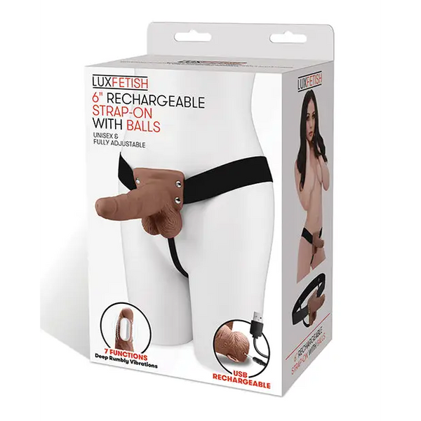 Lux Fetish 6’’ Rechargeable Strap On w/Balls - Brown - Strap Ons