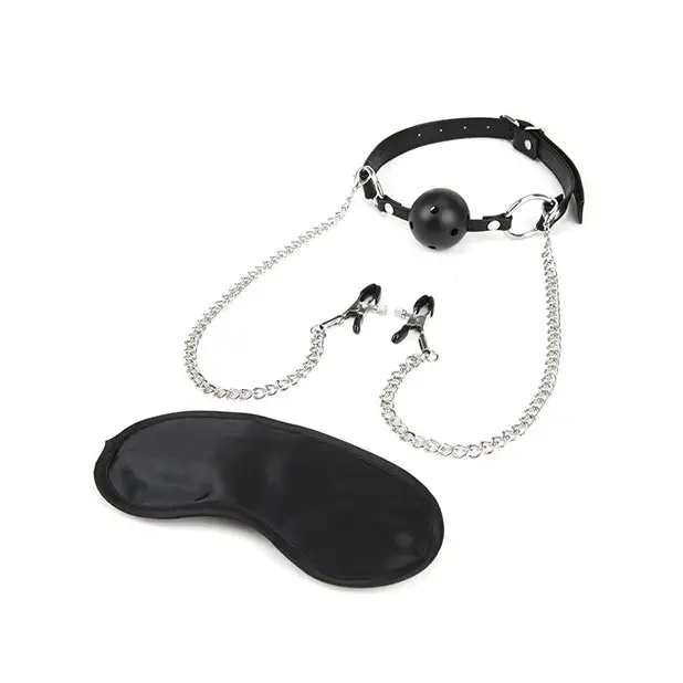 Lux Fetish Breathable Ball Gag w/Adjustable Pressure Nipple Clamps - Bondage Blindfolds & Restraints