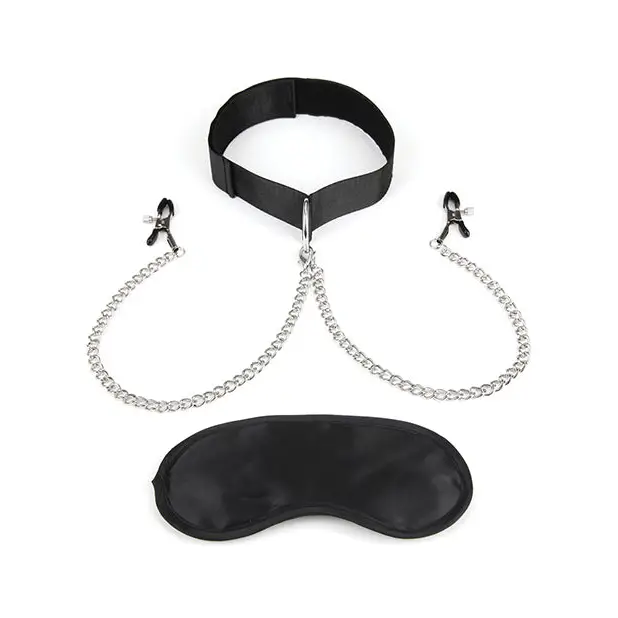 Lux fetish Collar & Nipple Clamps w/Adjustable Pressure Clamps - Bondage Blindfolds & Restraints