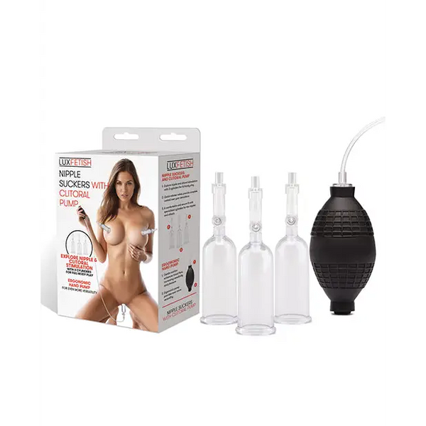 Lux Fetish Nipple Suckers w/Clitoral Pump - Clear/Black - Stimulators