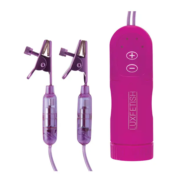 Lux Fetish Vibrating Nipple Clamps w/Wired Remote Control - Pink/Purple - Stimulators