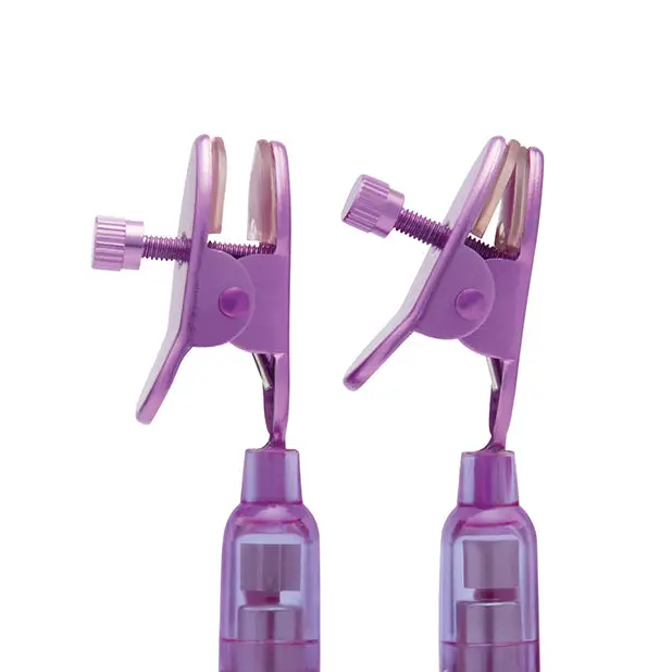 Lux Fetish Vibrating Nipple Clamps w/Wired Remote Control - Pink/Purple - Stimulators