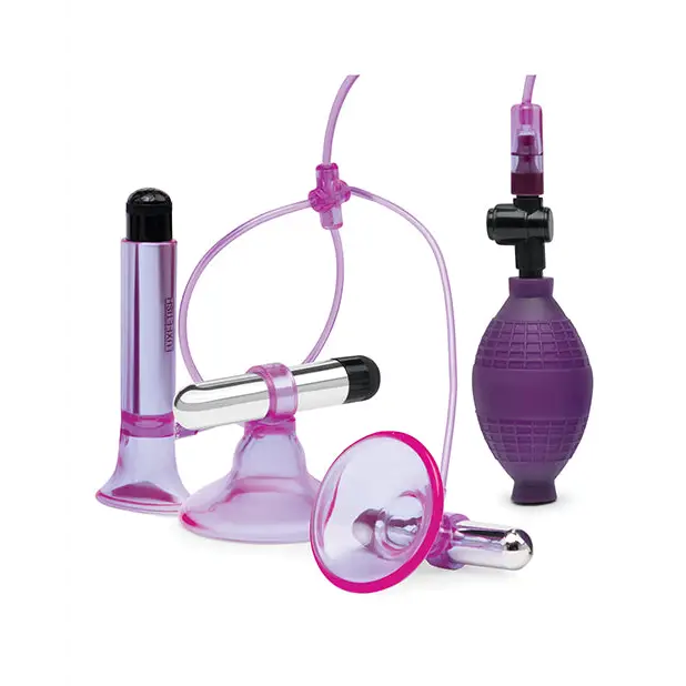 Lux Fetish Vibrating Nipple Suckers w/Clitoral Pump & Quick Release - Pink/Purple - Stimulators