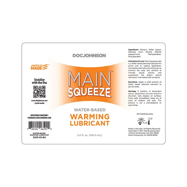 Main Squeeze Warming Water-Based Lubricant - 3.4 oz - Lubricants