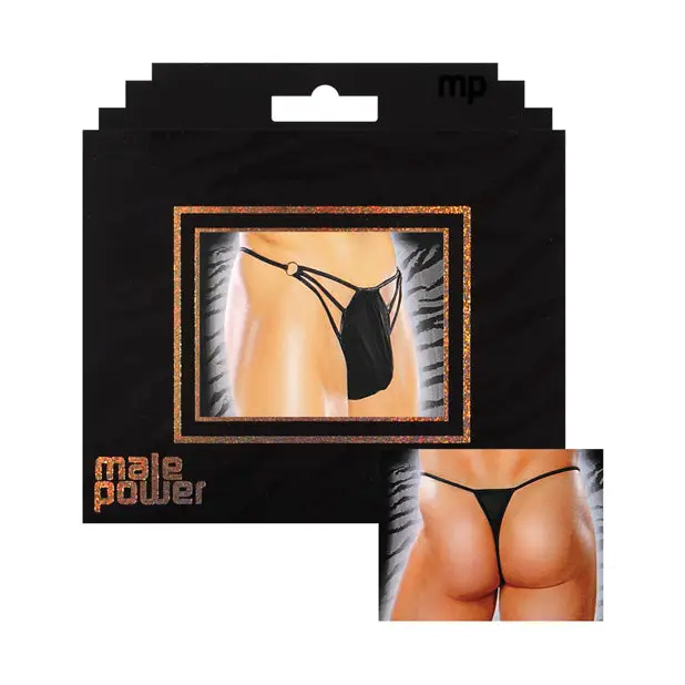 Male Power G-String w/Straps & Rings Black S/M - Lingerie - Packaged