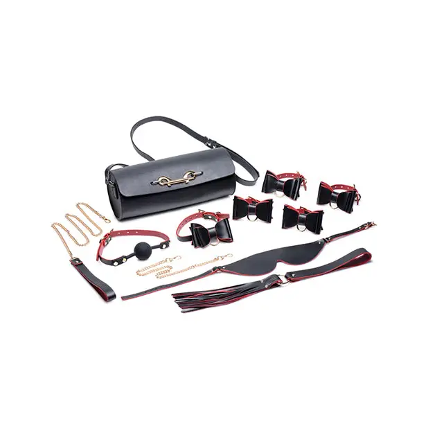 Master Series Bondage To Go Black & Red Bow Bondage Set w/Carry Case - Bondage Blindfolds & Restraints