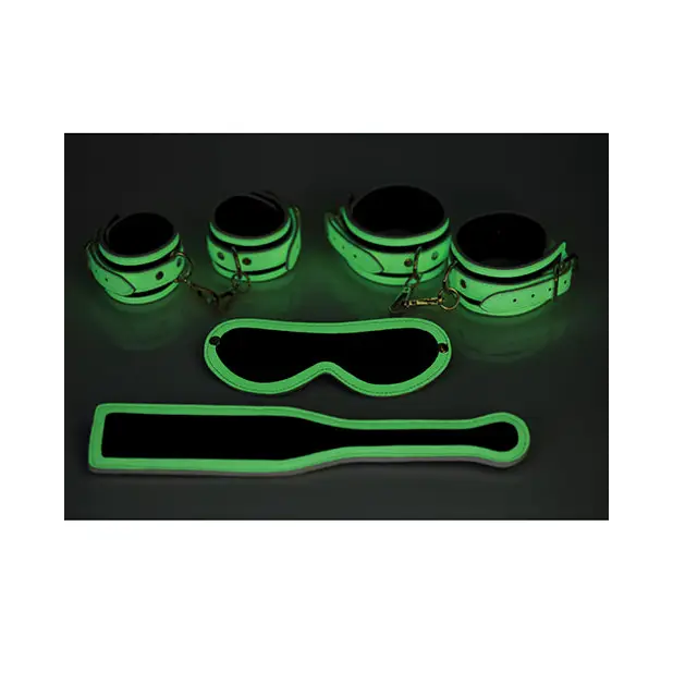 Master Series Kink in the Dark Glowing Cuffs & Blindfold & Paddle Set - Bondage Blindfolds & Restraints