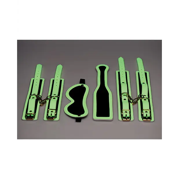 Master Series Kink in the Dark Glowing Cuffs & Blindfold & Paddle Set - Bondage Blindfolds & Restraints