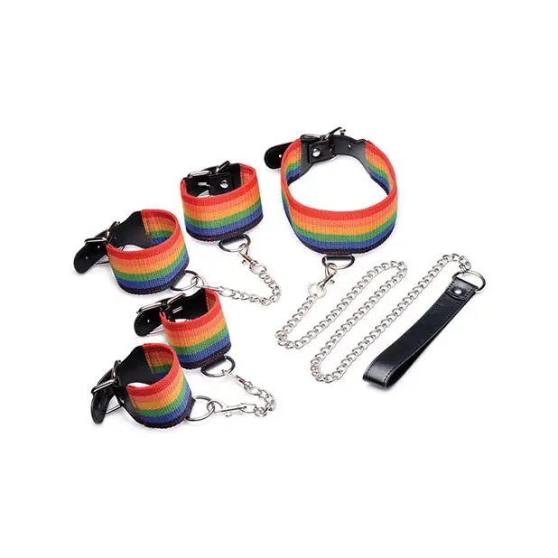 Master Series Kinky Pride Rainbow Bondage Set - Wrist & Ankle Cuffs & Collar w/Leash - Bondage Blindfolds & Restraints
