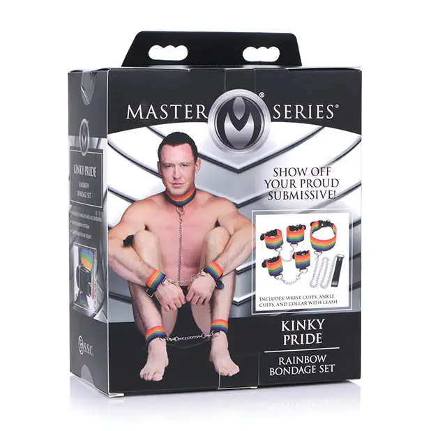 Master Series Kinky Pride Rainbow Bondage Set - Wrist & Ankle Cuffs & Collar w/Leash - Bondage Blindfolds & Restraints