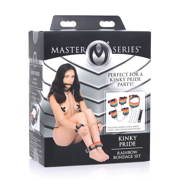 Master Series Kinky Pride Rainbow Bondage Set - Wrist & Ankle Cuffs & Collar w/Leash - Bondage Blindfolds & Restraints
