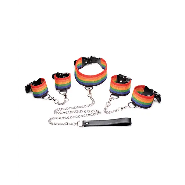 Master Series Kinky Pride Rainbow Bondage Set - Wrist & Ankle Cuffs & Collar w/Leash - Bondage Blindfolds & Restraints