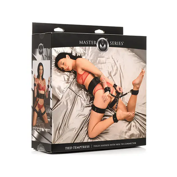 Master Series Tied Temptress Thigh Harness w/Hog Tie Connector - Black - Bondage Blindfolds & Restraints