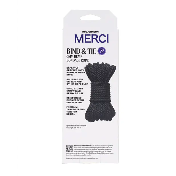 Merci Bind & Tie Hemp Bondage Rope - 30 ft - Black - Bondage Blindfolds & Restraints