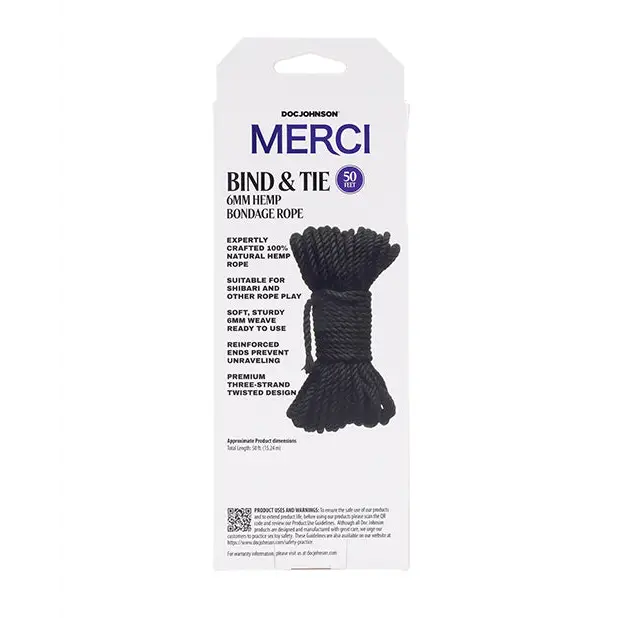 Merci Bind & Tie Hemp Bondage Rope - 50 ft Black - Bondage Blindfolds & Restraints