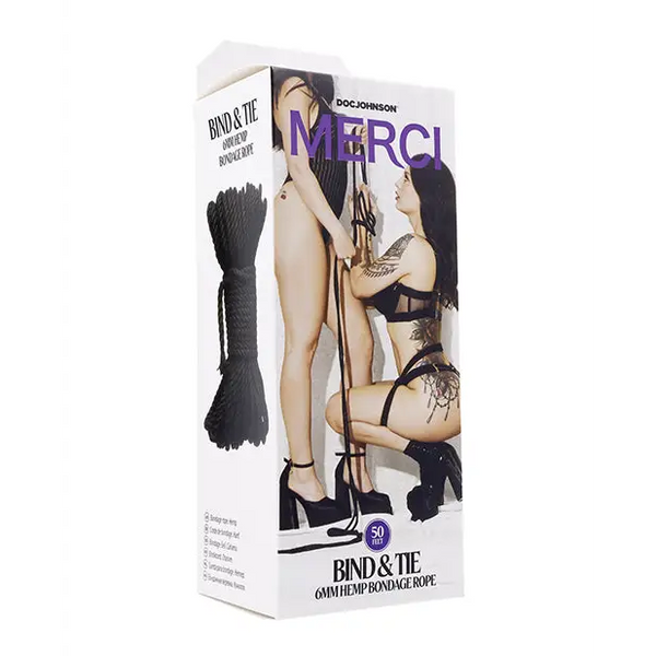 Merci Bind & Tie Hemp Bondage Rope - 50 ft Black - Bondage Blindfolds & Restraints