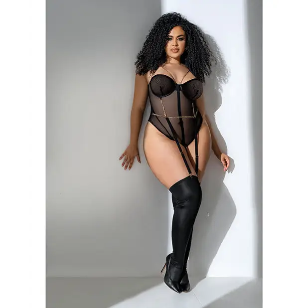 Mesh Bodysuit w/Gold Chain Detail Black 1X/2X - Lingerie - Plus/Queen - Packaged