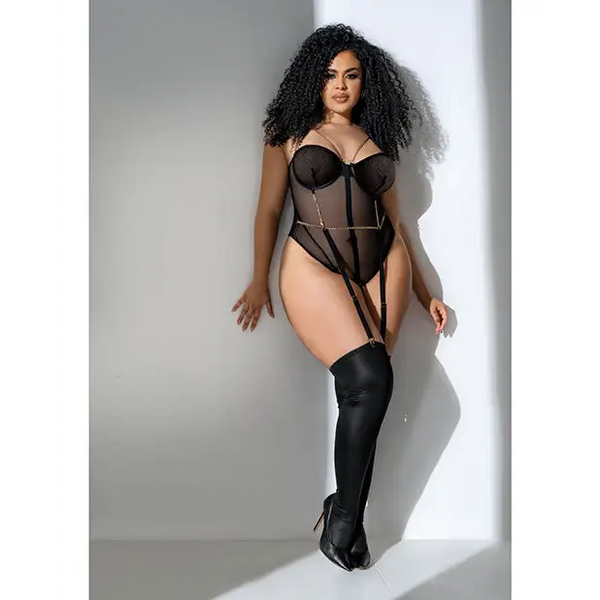 Mesh Bodysuit w/Gold Chain Detail Black 3X/4X - Lingerie - Plus/Queen - Packaged