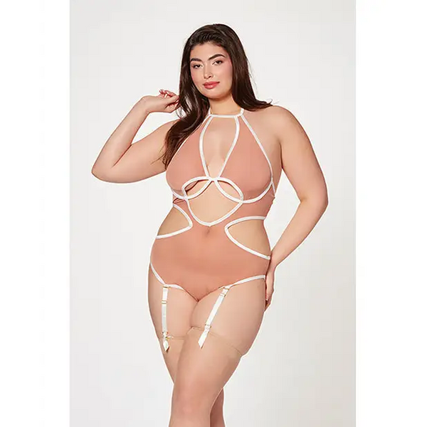 Mesh Cut Out Halter Teddy Nude/White QN - Lingerie - Plus/Queen - Packaged