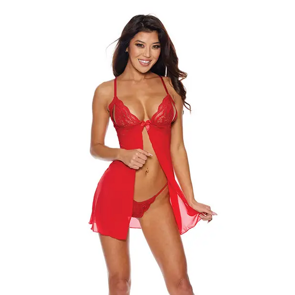Mesh & Lace Tie Front Babydoll w/G-S - Lingerie - Hanging