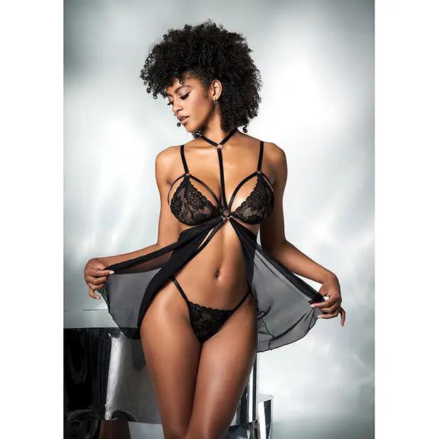 Mesh & Lace Two In One Teddy w/Detachable Skirt Black L/XL - Lingerie - Packaged