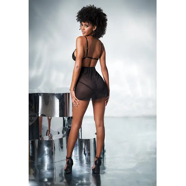 Mesh & Lace Two In One Teddy w/Detachable Skirt Black L/XL - Lingerie - Packaged