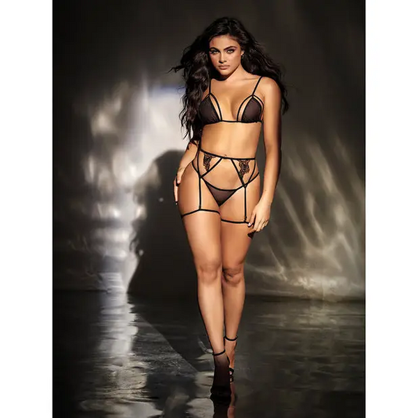 Mesh Top w/Adjustable Coverage Garter Belt & Thong Black L/XL - Lingerie - Packaged
