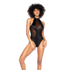 Mesh & Wet Look Halter Bodysuit Black L/XL - Lingerie - Packaged