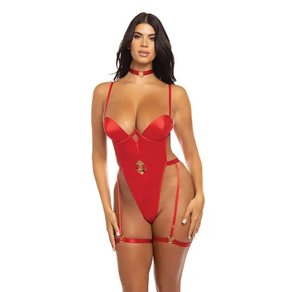 Mila Stretch Satin Padded Cup Teddy w/Heart Ring Detail Red LG - Lingerie - Hanging