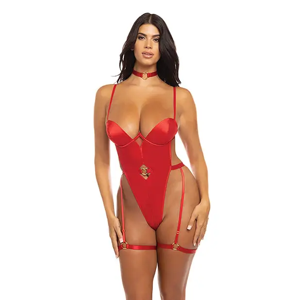 Mila Stretch Satin Padded Cup Teddy w/Heart Ring Detail Red XL