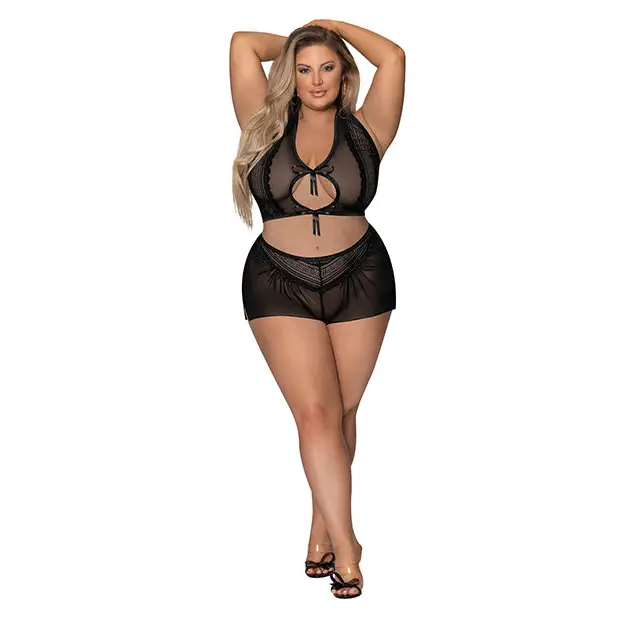 Modern Romance Tie Front Halter & Tap Pant Black 2X - Lingerie - Plus/Queen - Packaged
