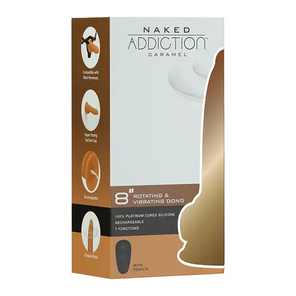 Naked Addiction 8’’ Rotating & Vibrating Dong w/Remote - Caramel - Dongs & Dildos
