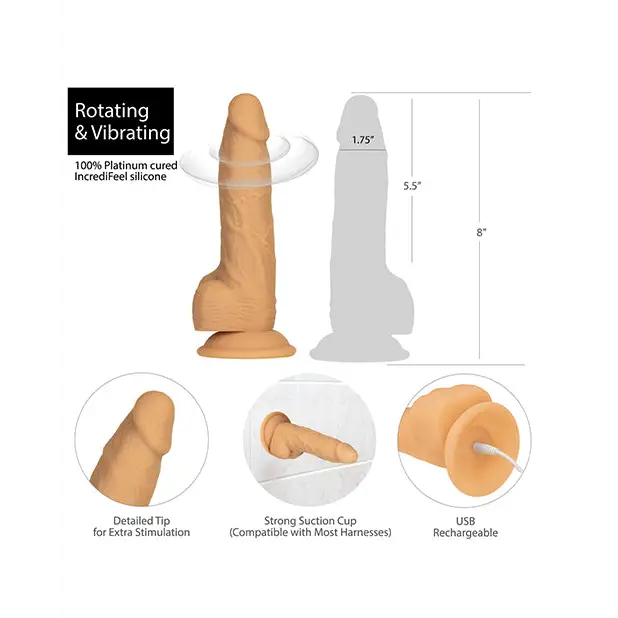 Naked Addiction 8’’ Rotating & Vibrating Dong w/Remote - Caramel - Dongs & Dildos