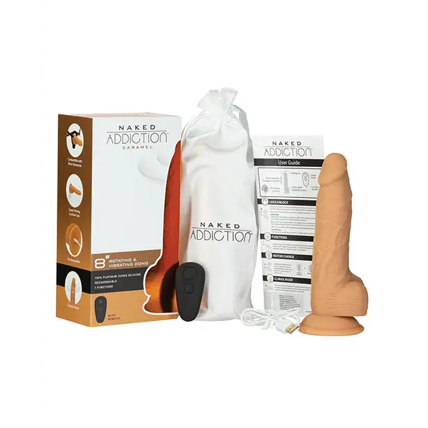 Naked Addiction 8’’ Rotating & Vibrating Dong w/Remote - Caramel - Dongs & Dildos