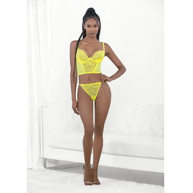 Neon Lace Corset Top w/Ring Accent & Panty Neon Lime LG - Lingerie - Hanging