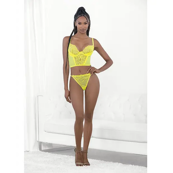 Neon Lace Corset Top w/Ring Accent & Panty Neon Lime SM - Lingerie - Hanging