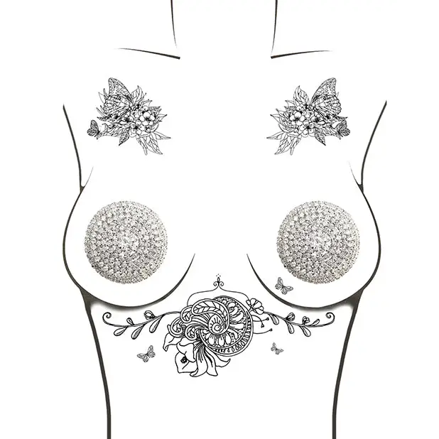 Neva Nude Burlesque Big O Crystal Jewel Reusable Silicone Pasties - Silver O/S - Lingerie - Packaged