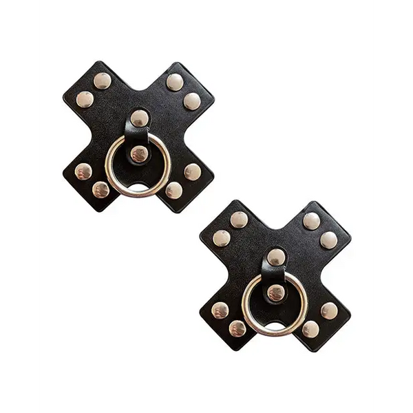 Neva Nude Burlesque Pierced N’ Punked Leather Metal X Silicone Reusable Pasties - Black O/S - Lingerie - Packaged