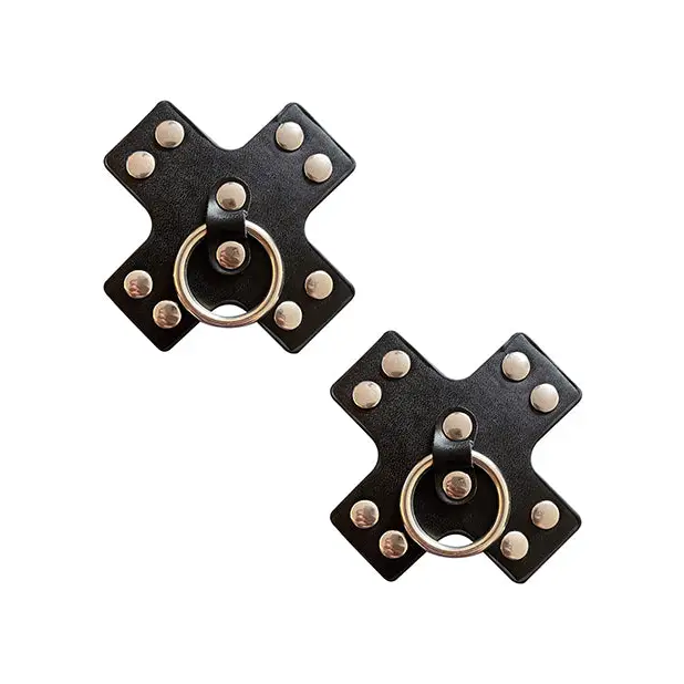 Neva Nude Burlesque Pierced N’ Punked Leather Metal X Silicone Reusable Pasties - Black O/S - Lingerie - Packaged