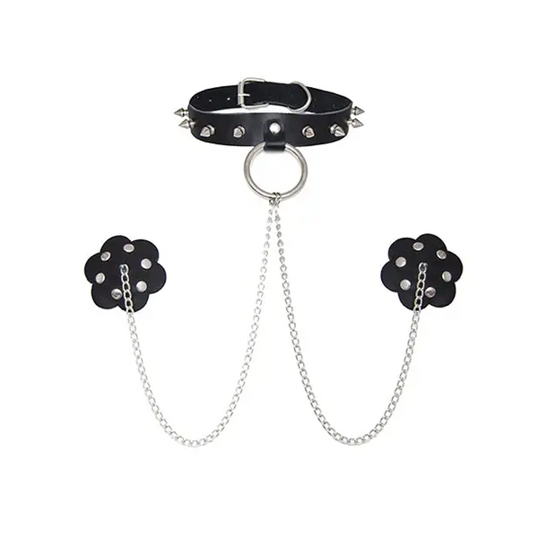 Neva Nude Burlesque Slave 4 U Chain Neck Choker Leather Reusable Silicone Pasties - Black O/S - Lingerie - Packaged