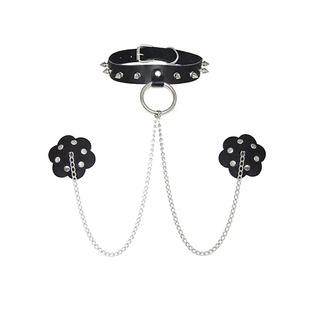 Neva Nude Burlesque Slave 4 U Chain Neck Choker Leather Reusable Silicone Pasties - Black O/S - Lingerie - Packaged