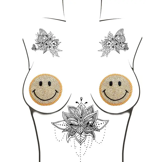 Neva Nude Burlesque Smile Face Jewel Reusable Silicone Pasties - Gold O/S - Lingerie - Packaged