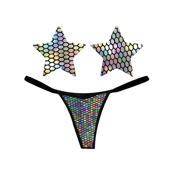 Neva Nude Naughty Knix Mirrored Mayhem Holographic G-String & Pasties - Black O/S