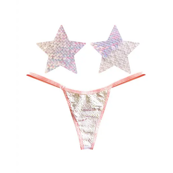 Neva Nude Naughty Knix Princess Bride Flip Sequin G-String & Pasties - Pink/White O/S