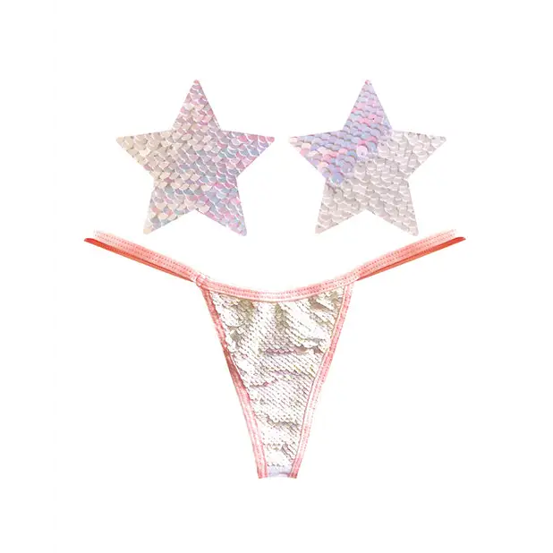 Neva Nude Naughty Knix Princess Bride Flip Sequin G-String & Pasties - Pink/White O/S